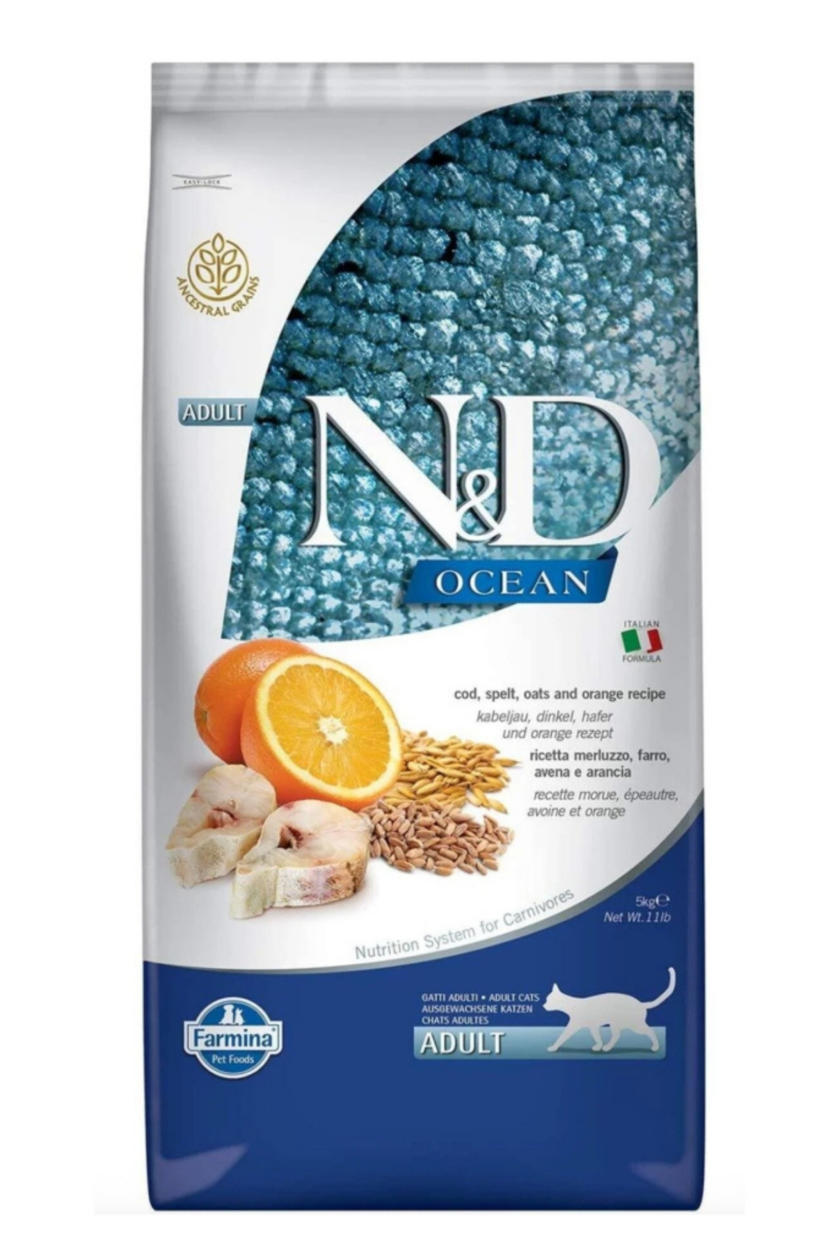 Ocean Morina Balığı, Kılçıksız Buğday, Yulaf & Portakal Yetişkin Kedi Maması, 10 Kg