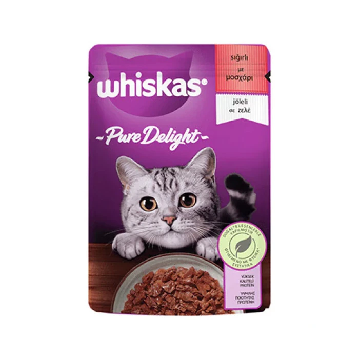 Whiskas Pouch Pure Delight Jöle İçinde Sığır Etli Yetişkin Kedi Konservesi 85gr